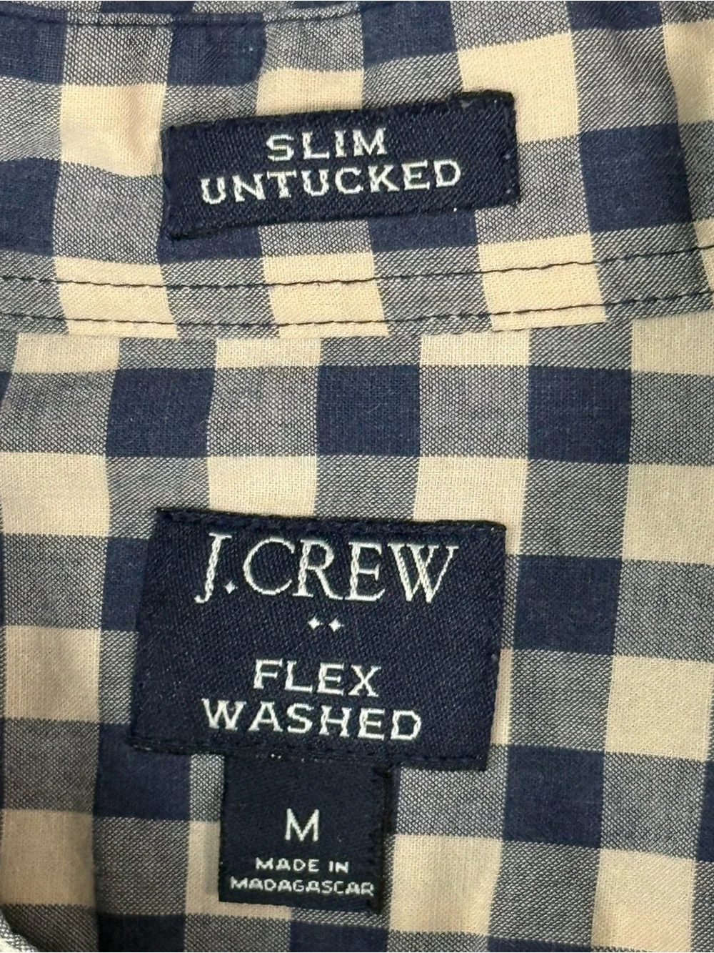 J.Crew Flex Washed Slim Untucked Gingham Shirt Mens Medium Blue Beige Stretch